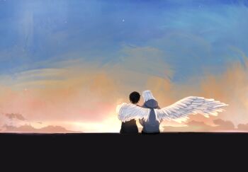 Rule 34 | 1boy, 1girl, black hair, black shirt, feathered wings, from behind, grey hoodie, hetero, highres, hood, hood down, hoodie, horizon, nephis (shadow slave), shadow slave, shirt, short hair, sitting, sunny (shadow slave), sunset, tnixc, white hair, white wings, wings