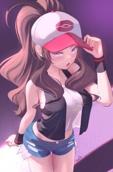 1girl :o baseball_cap black_nails black_vest blue_shorts brown_hair commentary_request cowboy_shot exposed_pocket hand_on_headwear hand_up hat high_ponytail highres hilda_(pokemon) nail_polish nintendo open_clothes open_mouth open_vest pokemon pokemon_bw ponytail revvie shirt short_shorts shorts sidelocks sleeveless sleeveless_shirt solo vest white_hat white_shirt wristband