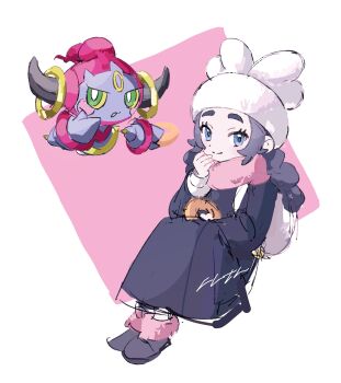 1girl 6l226 absurdres ansha_(pokemon) backpack bag black_coat blue_eyes closed_mouth coat eyelashes gen_6_pokemon hand_up hat highres hoopa hoopa_(confined) invisible_chair leg_warmers legendary_pokemon long_sleeves mythical_pokemon nintendo pink_leg_warmers pink_scarf pokemon pokemon_(creature) pokemon_legends:_z-a scarf shoes sitting smile white_bag white_hat