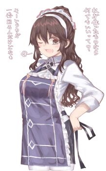 1girl apron ascot ashigara_(kancolle) ashigara_kai_ni_(kancolle) azumaya_toride blush breasts brown_eyes brown_hair gloves hair_between_eyes hair_ornament hairband highres jacket kantai_collection long_hair long_sleeves looking_at_viewer multicolored_ascot multicolored_neckerchief neckerchief one_eye_closed open_mouth pantyhose pencil_skirt print_neckerchief purple_apron skirt smile solo wavy_hair white_background white_gloves white_hairband white_jacket white_pantyhose