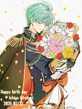 Rule 34 | 1boy, aqua flower, aqua hair, arm armor, black cape, black necktie, blue jacket, blush, bouquet, cape, closed eyes, closed mouth, commentary request, confetti, cowboy shot, dated, flower, from side, gloves, happy birthday, highres, holding, holding bouquet, ichigo hitofuri, jacket, kasino 1129, looking down, male focus, necktie, orange ribbon, pink flower, popped collar, red flower, ribbon, short hair, shy, simple background, solo, touken ranbu, twitter username, white background, white flower, white gloves, wind, yellow eyes, yellow flower