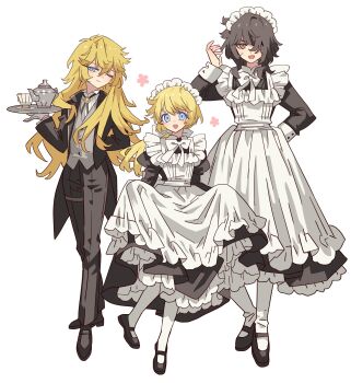 1boy 2girls alternate_costume andre_grandier apron black_dress black_footwear black_hair black_pants black_suit blonde_hair blue_eyes butler closed_mouth crossdressing crossdressing_(ftm) crossdressing_(mtf) cup dress enmaided female_butler formal_clothes frilled_apron frills full_body gloves hair_between_eyes hand_up highres holding holding_tray long_hair long_sleeves looking_at_viewer maid maid_apron maid_headdress male_maid meremero multiple_girls one_eye_closed open_mouth oscar_francois_de_jarjayes pant_suit pants ponytail rosalie_lamorliere shoes short_hair simple_background smile standing suit sweatdrop tailcoat teacup tray tuxedo_shirt versailles_no_bara white_apron white_background white_gloves wrist_cuffs