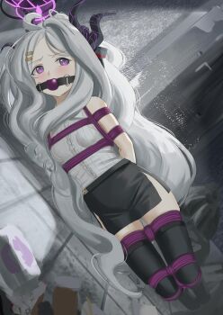 1girl absurdres ahoge arms_behind_back ball_gag bdsm black_skirt black_thighhighs blue_archive blush bondage bound bound_ankles bound_arms bound_legs bound_thighs bound_torso breasts cailin020 demon_girl demon_horns gag gagged hair_spread_out halo highres hina_(blue_archive) horns long_hair lying miniskirt on_ground on_side pencil_skirt purple_eyes purple_rope restrained rope shibari shibari_over_clothes side_slit skirt small_breasts solo thighhighs very_long_hair white_hair