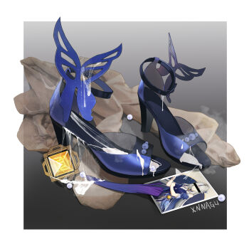 Rule 34 | bar censor, black footwear, blue footwear, blue gloves, censored, cum, cum on clothes, gloves, gradient background, grey background, high heels, highres, no humans, photo (object), shoes, single shoe, still life, unworn shoes, xnnagu