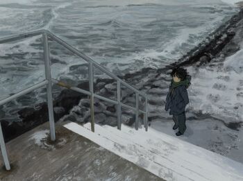 Rule 34 | 1boy, black eyes, black hair, black pants, black shoes, blue jacket, closed mouth, from above, full body, green scarf, hands in pockets, highres, jacket, kgeroua, long sleeves, male focus, ocean, open clothes, open jacket, original, outdoors, pants, railing, rock, scarf, scenery, shirt, shoes, shore, short hair, solo, stairs, standing, water, waves, wide shot