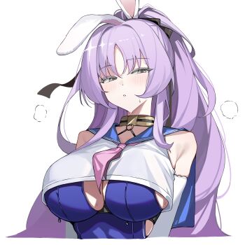 1girl absurdres animal_ears blue_one-piece_swimsuit breasts commentary gloves grey_eyes highres large_breasts long_hair neckerchief o-ring one-piece_swimsuit oxooxo666 pink_neckerchief playboy_bunny_swimsuit ponytail purple_hair rabbit_ears shia_(stella_sora) simple_background solo stella_sora sweat swimsuit symbol-only_commentary upper_body white_background white_gloves