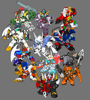 absurdres aldnoah.zero arhan_(rakuen_tsuihou) assault_visor autobot beast_wars beast_wars_ii chibi choujuu_kishin_dancouga_burn clenched_hands crossover daimos dancouga dancouga_(series) fighting_stance g-self getter_robo grey_background gun gundam gundam_g_no_reconguista highres kg-6_sleipnir lio_convoy mazinger_(series) mazinkaiser_skl mazinkaiser_skl_(mecha) mecha mecha_focus mikitoshiyuki multiple_crossover neo_getter-1 power_dolls rakuen_tsuihou robot shin_getter_robo_vs_neo_getter_robo super_robot super_robot_wars sword toushou_daimos transformers visor weapon