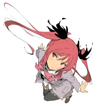Rule 34 | 1girl, \||/, black thighhighs, blush stickers, bow, bowtie, closed mouth, collared shirt, cthugha (nyaruko-san), enami katsumi, floating hair, from above, full body, grey jacket, grey skirt, hair between eyes, haiyore! nyaruko-san, head tilt, jacket, long hair, long sleeves, looking at viewer, miniskirt, open clothes, open jacket, pink bow, pink bowtie, pleated skirt, red eyes, red hair, school uniform, shirt, sidelocks, simple background, skirt, solo, thighhighs, twintails, very long hair, white background, white shirt