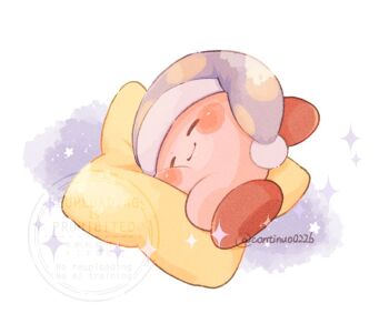 closed_eyes closed_mouth commentary continuo0226 hat kirby kirby_(series) nightcap nintendo no_humans pillow polka_dot_headwear purple_hat sleep_kirby sleeping smile solo sparkle star_(symbol) symbol-only_commentary twitter_username watermark