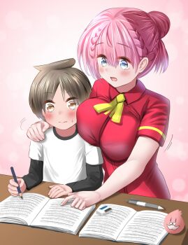 1boy 1girl age_difference aqua_eyes black_hair blue_eyes blush bokutachi_wa_benkyou_ga_dekinai book breast_press breasts brown_eyes eraser gu~derenko hair_bun head_on_chest highres kirisu_mafuyu large_breasts long_hair onee-shota pen pencil pink_background pink_hair school_uniform shirt short_hair shota simple_background single_hair_bun sitting smile t-shirt yuiga_nariyuki
