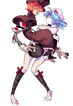 1girl 2018 2girls arm_at_side bandaged_leg bandages bare_legs bare_shoulders black_boots black_choker blue_hair bomb boots bound bound_arms breasts capelet choker cleavage commentary constricted_pupils contrapposto cropped_jacket cross crossed_legs cyborg dress explosive extra_eyes female_focus flat_chest frilled_dress frills gloves grin hat height_difference high_heels highres holding holding_bomb jacket knees_together_feet_apart korean_commentary long_eyelashes long_hair looking_at_another mask mechanical_arms mouth_mask multiple_girls nervous_sweating nurse nurse_cap orange_hair peacock_(skullgirls) ponytail pumps red_dress red_eyes restrained sharp_teeth shoes short_hair skullgirls smile surgical_mask sweat teeth thighs top_hat u_sihoo valentine_(skullgirls) white_gloves white_jacket white_shoes