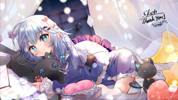 1girl blue_eyes blue_hair blush charlotte_suzu closed_mouth commentary_request commission dress feet_out_of_frame frilled_dress frilled_sleeves frills hair_bobbles hair_ornament indie_virtual_youtuber long_hair long_sleeves looking_at_viewer lying on_side purple_dress signature skeb_commission smile solo stuffed_animal stuffed_cat stuffed_toy thank_you tsunoju virtual_youtuber