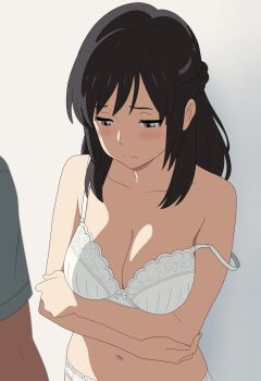 1boy 1girl against_wall black_hair blush bra breasts brown_eyes closed_mouth crossed_arms dark-skinned_male dark_skin highres itsuhamaart kimi_no_na_wa. large_breasts looking_down mature_female mature_male miyamizu_mitsuha netorare panties shirt standing underwear undressing white_bra white_panties white_shirt