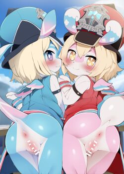 2girls aeval_(genshin_impact) anus ass bar_censor blonde_hair blue_fur blush censored cleft_of_venus clothes cuff_links cuffs dagasi elphane_(genshin_impact) from_behind furry furry_female genshin_impact hat highres horns loli long_sleeves looking_at_viewer looking_back melusine_(genshin_impact) military_hat multiple_girls pink_fur purple_eyes pussy short_hair small_wings smile tail tailcoat thighs two-tone_fur vest white_fur wings yellow_eyes
