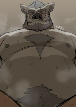 1boy :q bara beard big_belly blush boar_boy character_request chest_tuft completely_nude extra_tusks facial_hair fat fat_man from_below full_beard grey_fur grey_hair huge_eyebrows large_pectorals long_tusks looking_at_viewer male_focus masa_(mshk_s) mature_male muscular muscular_male navel navel_hair nipples nude pectorals pov pov_crotch sex short_hair solo_focus steaming_body stomach sweat taker_pov thick_beard tokyo_houkago_summoners tongue tongue_out very_sweaty