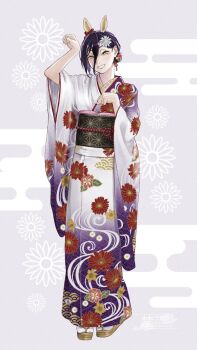 Rule 34 | 1girl, animal ears, asa no ha (pattern), chainsaw man, commentary request, egasumi, eto 384, floral print, floral print kimono, flower, green eyes, hair between eyes, happy new year, highres, horse ears, horse pose, japanese clothes, kimono, lipstick, long hair between eyes, makeup, new year, paw pose, print kimono, purple hair, reze (chainsaw man), sandals, solo, standing, tabi, wide sleeves