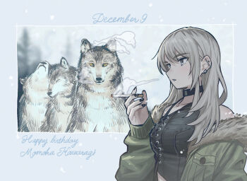 1girl barbell_piercing black_choker black_nails breasts choker cigarette commentary_request ear_piercing girls_band_cry green_jacket grey_eyes grey_hair happy_birthday highres holding holding_cigarette industrial_piercing jacket kawaragi_momoka long_hair medium_breasts multicolored_hair nail_polish official_art open_clothes open_jacket piercing roots_(hair) smoke solo teshima_nari upper_body wolf