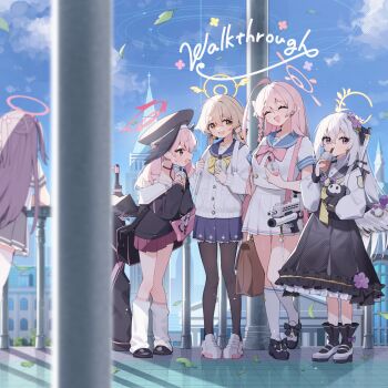 5girls album_cover angel_wings assault_rifle azusa_(blue_archive) bag beret black_bow black_dress black_pantyhose black_sailor_collar black_socks black_wings blonde_hair blue_archive blue_sailor_collar blue_skirt blue_sky bolt_action bow bullpup cardigan cloud collarbone commentary_request cover cup day disposable_cup dress drinking_straw drinking_straw_in_mouth english_text flower footwear_bow frilled_socks frills grenade_launcher grey_wings gun h&amp;k_ag36 hair_flower hair_ornament hair_ribbon halo hanako_(blue_archive) hat head_wings hifumi_(blue_archive) highres holding holding_stuffed_toy koharu_(blue_archive) l85 loose_socks low_twintails m4_carbine make-up_work_club_(blue_archive) multiple_girls neckerchief off_shoulder open_mouth outdoors p14_enfield pantyhose pink_bow pink_eyes pink_hair pink_skirt pleated_skirt purple_bow purple_eyes railing ribbon rifle sailor_collar school_bag school_uniform serafuku shoes shuca_ca skirt skull_man_(blue_archive) sky smile sneakers sniper_rifle socks standing stuffed_toy twintails two-tone_wings underbarrel_grenade_launcher weapon white_cardigan white_hair white_sailor_collar white_skirt white_socks wing_decorations wings yellow_bow yellow_eyes yellow_neckerchief