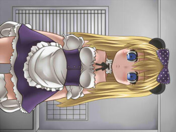 Rule 34 | 1girl, awa, blonde hair, blue eyes, blush, bow, dress, gloves, hair bow, hen zemi, lolita fashion, long hair, maid, makiko gregory, polka dot, skirt