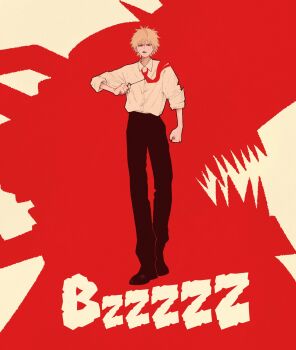 1boy black_pants black_shoes blonde_hair chainsaw_devil chainsaw_man collared_shirt denji_(chainsaw_man) dual_persona full_body furrowed_brow hair_between_eyes highres male_focus necktie pants parted_lips red_necktie sharp_teeth shirt shirt_tucked_in shoes short_hair silhouette sleeves_rolled_up solo syooooyoooo teeth white_shirt