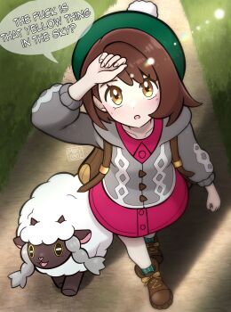 1girl :o absurdres arm_up backpack bag boots brown_bag brown_boots brown_eyes brown_hair buttons cardigan collarbone collared_dress commentary day dress english_commentary english_text eyelashes gen_8_pokemon gloria_(pokemon) grass green_hat green_socks grey_cardigan hat highres looking_up muis0802 nintendo open_mouth outdoors path pink_dress pokemon pokemon_(creature) pokemon_swsh profanity road short_hair socks speech_bubble tam_o'_shanter wooloo