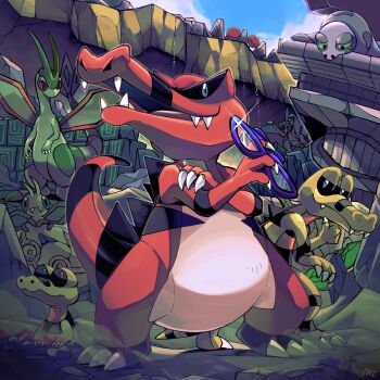 Rule 34 | absurdres, commentary request, crossed arms, day, evolutionary line, flygon, gabite, garchomp, gen 3 pokemon, gen 4 pokemon, gen 5 pokemon, gen 8 pokemon, highres, holding, holding removed eyewear, krokorok, krookodile, nintendo, open mouth, outdoors, pokemon, pokemon (creature), sand, sandaconda, sandile, sim sb (pixiv121308470), trapinch, unworn eyewear, vibrava