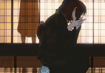 2girls ashashio back_bow blue_bow bow brown_kimono dim_lighting from_side hair_bow hashtag-only_commentary highres japanese_clothes kimono kneeling kohaku_(tsukihime) long_skirt long_sleeves multiple_girls obi on_floor red_hair sash short_hair shouji silhouette skirt sliding_doors socks solo_focus tohno_akiha tsukihime white_socks