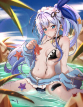 1girl absurdres anchor_(innocent_maid)_(nikke) anchor_(nikke) anchor_symbol animal beach bikini black_bikini black_coat black_ribbon blue_bow blue_eyes blue_hair blue_jacket blurry blush bow cameltoe coat collar commentary_request covering_privates depth_of_field frilled_bikini frills furrowed_brow goddess_of_victory:_nikke hair_bow hair_intakes hair_ornament hair_ribbon highres holding holding_animal jacket jacket_partially_removed kappaako long_hair long_sidelocks maid maid_headdress open_clothes partially_submerged ponytail pout ribbon sea_cucumber sidelocks sky solo starfish starfish_hair_ornament swimsuit unconventional_maid untied_bikini very_long_hair