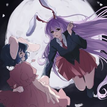 Rule 34 | 2girls, ^ ^, alulue1, animal ears, black jacket, blue hair, closed eyes, dress, flying, full moon, hair between eyes, huge moon, inaba tewi, jacket, long hair, looking at viewer, moon, multiple girls, necktie, open mouth, pink dress, pink skirt, pleated skirt, purple hair, rabbit ears, rabbit girl, rabbit tail, red necktie, reisen udongein inaba, shirt, short hair, skirt, smile, tail, touhou, white shirt