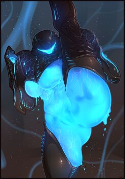 1girl alien arm_cannon armor ass black_boots boots bottomless breasts dark_samus glowing glowing_eyes helmet highres huge_breasts justrube looking_at_viewer metroid metroid_prime_3:_corruption nintendo no_pussy power_armor shoulder_armor slime_(substance) solo split standing standing_on_one_leg standing_split thick_thighs thigh_boots thighhighs thighs uncensored underboob veins visor weapon