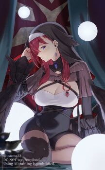 1girl absurdres black_coif black_dress black_romper black_wings blush braid braided_bangs breasts capelet cleavage coif criss-cross_straps dress ear_chain earrings esuma_gt facing_to_the_side framed_breasts gem grey_capelet hair_between_eyes head_wings high-waist_shorts highres indoors jewelry konkon_aria large_breasts linked_piercing long_hair looking_at_viewer low-tied_sidelocks neo-porte nun pantyhose piercing purple_eyes purple_gemstone red_hair romper shorts sidelocks sitting solo virtual_youtuber wings yokozuwari
