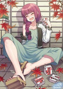 1girl alcohol_carton black_bow black_nails blush bocchi_the_rock! bow braid closed_eyes commentary dress drink_carton drunk english_commentary falling_leaves full_body gonster green_dress hair_over_shoulder highres hiroi_kikuri jacket leaf long_hair multicolored_jacket off_shoulder open_mouth purple_hair sharp_teeth single_braid sitting smile solo spread_legs teeth two-tone_jacket