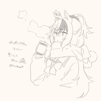 1girl animal_ears bow bowtie bubble_gum_fellow_(umamusume) commentary_request cup disposable_coffee_cup disposable_cup hair_ornament hair_scrunchie holding holding_cup horse_ears inutose long_hair long_sleeves monochrome ponytail scarf school_uniform scrunchie serafuku signature sketch solo tracen_school_uniform translation_request twitter_username umamusume