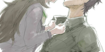 1boy 1girl black_hair black_shirt collar_tug couple dress_shirt eyes_out_of_frame head_out_of_frame hetero highres hiyajou_maho implied_kiss long_hair long_sleeves menomorute messy_hair okabe_rintarou okabe_rintarou_(beta) open_collar science_adventure shirt simple_background steins;gate steins;gate_0 very_long_hair white_background