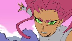 2girls animated black_hair blackfire colored_skin dc_comics female_focus fighting genniax green_eyes long_hair mountain multiple_girls orange_skin red_hair rock siblings sisters starfire tagme teen_titans throwing throwing_person video