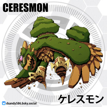 Rule 34 | 1girl, absurdres, bird, bluesky username, ceresmon, ceresmon medium, character name, circle, d sandy, digimon, digimon (creature), forest, full body, gauntlets, grey background, highres, kaiju, long hair, nature, olympos xii, pink hair, solo focus