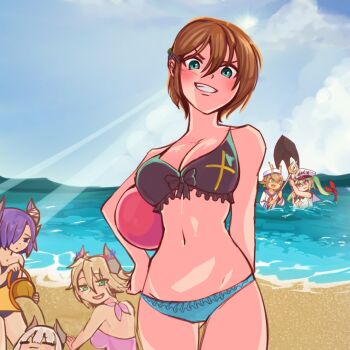 6+girls anchor anna_no_kojo antlers ball beach beachball bikini black_bikini blonde_hair blue_eyes blush_stickers breasts cloud colored_skin commentary day demon_girl english_commentary fighting green_eyes green_hair hair_between_eyes hair_over_one_eye hat highres holding holding_polearm holding_weapon horn_ornament horns lolitta_(mon-musu_quest!) long_sleeves looking_at_viewer medium_breasts mermaid mon-musu_quest! mon-musu_quest:_paradox monster_girl multiple_girls navel ocean open_mouth orange_hair pink_bikini pirate pirate_hat pointy_ears polearm purple_eyes purple_hair rami_(mon-musu_quest!) relaxing remi_(mon-musu_quest!) rumi_(mon-musu_quest!) sailor_collar sailor_hat sailor_shirt sand seahorse_girl shirt short_hair side_ponytail sky sleeveless smile sonya_(mon-musu_quest!) summer sunlight swimsuit tail tatsuko_(mon-musu_quest!) trident weapon