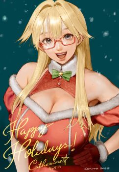 Rule 34 | 1girl, bare shoulders, blonde hair, blue eyes, breasts, catherine (conto), cleavage, conto, dress, ear piercing, freckles, fur trim, glasses, gloves, green background, hands on own hips, happy holidays, highres, huge breasts, large breasts, long hair, original, piercing, red-framed eyewear, red gloves, santa costume, santa dress, simple background, snow