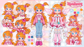 +_+ 1girl :d :o angel_wings_(illusion) arms_at_sides artist_logo artist_self-insert badge bare_shoulders belt beret bloodshot_eyes blouse blue_eyes blue_gemstone blue_pants blush blush_stickers boots breasts button_badge character_background choker cleavage cleavage_cutout closed_mouth clothing_cutout collarbone color_guide commentary crying curly_hair cyber_fashion denim dress dual_persona earrings elbow_gloves english_commentary fingernails food_print frilled_dress frills fruit_print full_body furrowed_brow gem gloves gold_choker hair_ornament hairclip hairpin hand_on_own_chest hat heart heart_belt heart_earrings heart_hair_ornament heart_in_eye high-waist_pants highres indie_virtual_youtuber jacket jeans jewelry lapels loafers logo long_belt long_hair long_sleeves looking_at_viewer magical_girl marikyuunn marikyuunn_(vtuber) marikyuunn_(classic)_(vtuber) marikyuunn_(cyber_cupid)_(vtuber) multiple_views neck_ribbon nose_blush one_side_up open_clothes open_jacket open_mouth orange_hair pants pants_rolled_up pink_dress pink_gloves pink_jacket pink_ribbon pink_shoes pointing raised_eyebrows reference_sheet ribbon shaded_face shirt shoes short_dress single_blush_sticker smile smiley_face socks standing strapless strapless_dress strawberry_print sweat symbol_in_eye tareme tears thigh_boots thumbs_up v-shaped_eyebrows virtual_pet_(toy) virtual_youtuber white_belt white_boots white_hat white_shirt white_socks wide-eyed wiping_tears