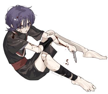 1boy barefoot black_kimono black_shorts black_sleeves blood blood_drip blood_drop blood_from_forehead blood_in_hair blood_on_arm blood_on_clothes blood_on_face blood_on_nose bloody_knife blunt_ends closed_mouth doll_joints genshin_impact grey_sleeves han&#039;eri highres implied_self-harm japanese_clothes joints kimono knife layered_kimono layered_sleeves leg_wrap looking_at_viewer male_focus miemiebei open_clothes open_kimono purple_eyes purple_hair red_kimono red_sash sash scaramouche_(genshin_impact) short_sleeves shorts sitting solo twitter_username white_background white_kimono