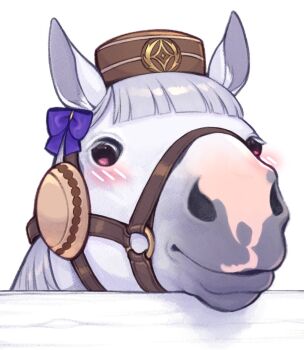 Rule 34 | 1girl, animal ears, animal focus, animalization, blush, bow, bridle, gold ship (racehorse), gold ship (umamusume), hair bow, horse ears, horse girl, looking at viewer, melon-fox, no humans, photo-referenced, pillbox hat, portrait, purple bow, red eyes, umamusume, white background, white fur, white hair