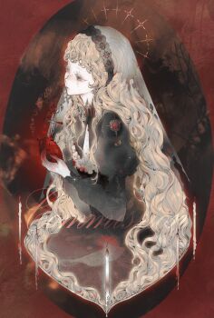 1girl ascot black_dress black_veil blonde_hair blood blood_on_clothes blood_on_face blood_on_hands bloody_clothes bloody_dress candle colored_eyelashes commission cross dong_guang dress expressionless eyelashes fire halo halo_behind_head heart_(organ) highres holding_heart_(organ) juliet_sleeves lips long_hair long_sleeves looking_afar original pale_skin parted_lips puffy_sleeves red_background red_eyes sidelocks sitting solo torn_clothes torn_veil veil very_long_hair watermark wavy_hair white_ascot