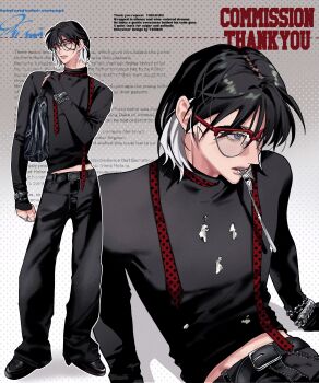 1boy absurdres bag baggy_pants belt black_bag black_belt black_hair black_pants black_shirt black_shoes blue_eyes bob_cut bracelet chain chain_bracelet colored_inner_hair commentary commission cowboy_shot cream_on_clothes denim drop_shadow english_text fashion film_grain fork full_body glint gradient_background grey_background hair_behind_ear hashtag-only_commentary highres invisible_chair jeans jewelry leather_bag looking_to_the_side male_focus midriff_peek mouth_hold multicolored_hair multiple_rings multiple_views original ornate_ring outline over-rim_eyewear pafujojo pants parted_lips polka_dot polka_dot_background polka_dot_scarf red-framed_eyewear red_scarf ring scarf semi-rimless_eyewear shirt shoes shoulder_bag silver_bracelet silver_ring sitting skeb_commission sleeves_past_wrists standing symbol-only_commentary teeth text_background thank_you tight_clothes tight_shirt turtleneck two-tone_hair upper_teeth_only white_background white_hair white_outline wispy_bangs