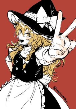 1girl apron back_bow black_hat black_skirt black_vest blonde_hair bow braid cowboy_shot hair_bow hat hat_bow highres kirisame_marisa long_hair looking_at_viewer noriuma open_mouth red_background side_braid simple_background single_braid skirt smile solo touhou twitter_username v very_long_hair vest white_apron white_bow witch_hat