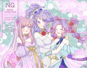 3girls :d blue_dress blue_flower blue_gloves blue_rose breasts bridal_veil cleavage closed_eyes closed_mouth dress fire_emblem fire_emblem:_genealogy_of_the_holy_war fire_emblem_heroes floral_background flower gloves hair_flower hair_ornament hand_on_another&#039;s_shoulder ishtar_(bride)_(fire_emblem) ishtar_(fire_emblem) julia_(bride)_(fire_emblem) julia_(fire_emblem) long_hair looking_at_viewer medium_breasts multiple_girls nintendo official_alternate_costume open_mouth purple_dress purple_eyes purple_flower purple_hair purple_rose red_flower red_rose rose side_ponytail small_breasts smile tine_(determined_bride)_(fire_emblem) tine_(fire_emblem) twintails twitter_username upper_body veil very_long_hair wedding_dress white_dress white_flower white_rose yzkmm