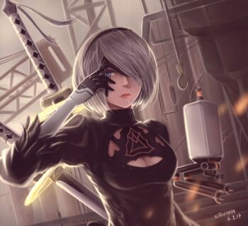 1girl 2017 2b_(nier:automata) artist_name black_dress black_gloves black_hairband blindfold blindfold_lift blue_eyes breasts cleavage cleavage_cutout closed_mouth clothing_cutout crane_(machine) dated dress drone eyelashes feather_trim female_focus floating gloves hairband hook juliet_sleeves katana lips long_sleeves machinery medium_breasts midair mole mole_under_mouth nier:automata nier_(series) nose one_eye_covered pink_lips pod_(nier:automata) puffy_sleeves ribbed_dress robot short_dress short_hair silberein silver_hair solo sword tassel turtleneck upper_body weapon weapon_on_back