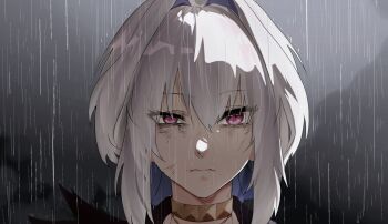 1girl ayj_(ayoungart) blue_hair chainsaw_man closed_mouth commentary english_commentary galbrena_(wuthering_waves) gold_choker hair_between_eyes hair_intakes highres looking_at_viewer medium_hair purple_eyes rain reze's_eye_twitch_(chainsaw_man) sidelocks solo straight-on wuthering_waves