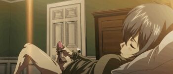 1boy 2011 animated animated_gif bed bedroom blush door doorknob keisuke_(sisters) kouzaka_kouhei lamp looping_animation male_focus male_masturbation masturbation on_pillow penis pillow precum sisters_~natsu_no_saigo_no_hi~ step-incest taki_minashika twitching veins veiny_penis