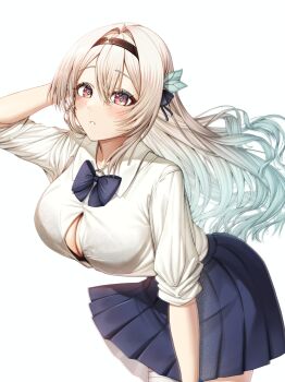 1girl :o absurdres black_ribbon blue_skirt blush breasts brown_hairband buttons cleavage firefly_(honkai:_star_rail) gradient_eyes gradient_hair green_pupils grey_hair hair_between_eyes hair_intakes hair_ornament hair_ribbon hairband hatsukyo highres honkai:_star_rail honkai_(series) large_breasts long_hair multicolored_eyes multicolored_hair open_mouth pleated_skirt ribbon shirt simple_background skirt solo teeth thighhighs unbuttoned unbuttoned_shirt white_background white_shirt white_thighhighs