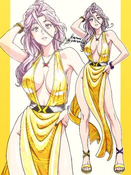 1girl armpits bare_shoulders baron_(varon666) breasts cleavage contrapposto dress full_body fuuto_tantei gold_dress golden_week highres jewelry kamen_rider kamen_rider_w large_breasts legs long_hair looking_at_viewer pelvic_curtain pendant pink_hair scrunchie signature solo tokime_(fuuto_tantei) twitter_username yellow_eyes zoom_layer